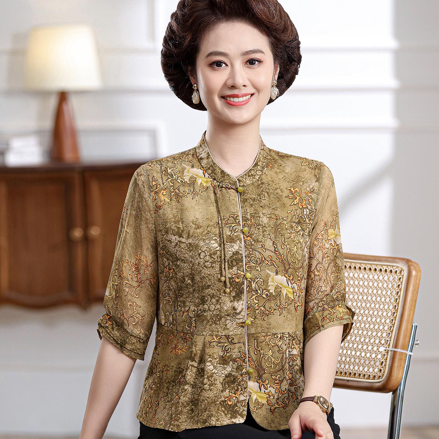 

Chinese Style Stand Collar Silk Shirt - Women s Mid-Sleeve 2026 Summer High-End Print Slimming Mulberry Silk Top L (recommended 40-50 kg) зелёный