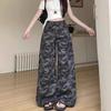 Women's High Rise Camo Print Jeans Wide Leg Loose Fit Streetwear Cargo Denim Trousers
