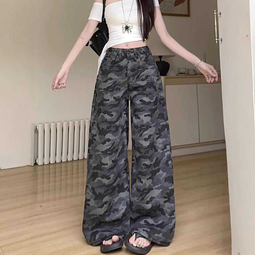 Women's High Rise Camo Print Jeans Wide Leg Loose Fit Streetwear Cargo Denim Trousers