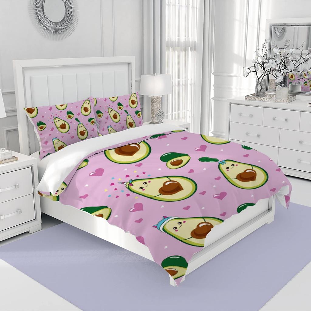 Fruit Soft Duvet Cover Set, Lovely Carton Avocado Decor 3 Piece Beding Set featuring 2 Pilow Shams, Quen King Ful Sized Dimensions, Paprika Gren