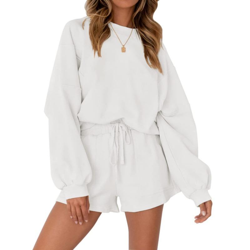 Women Casual Two Piece Sports Set Long Sleeve Top And Shorts