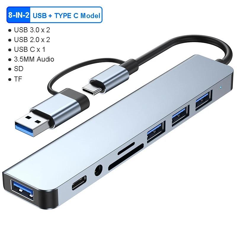 

8-in-2 USB 3.0 Hubs 5Gbps High Speed Transmission USB Docking Station USB-C HUB OTG Adapter Type C to USB 3.0 Hub for PC Laptop