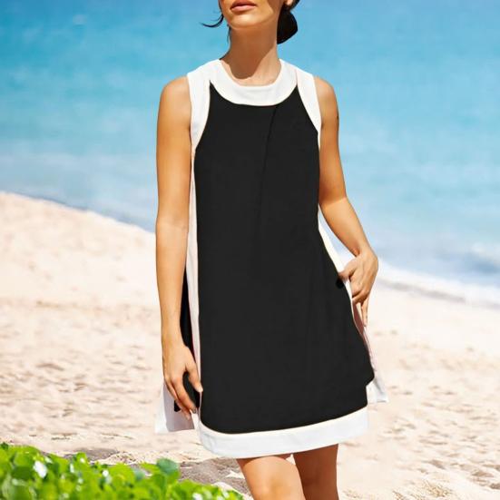Two Piece Set for Women Summer Boho Color Block Outfits Sleeveless Crewneck Side Slit Mini Dress Casual Lounge Short Sets
