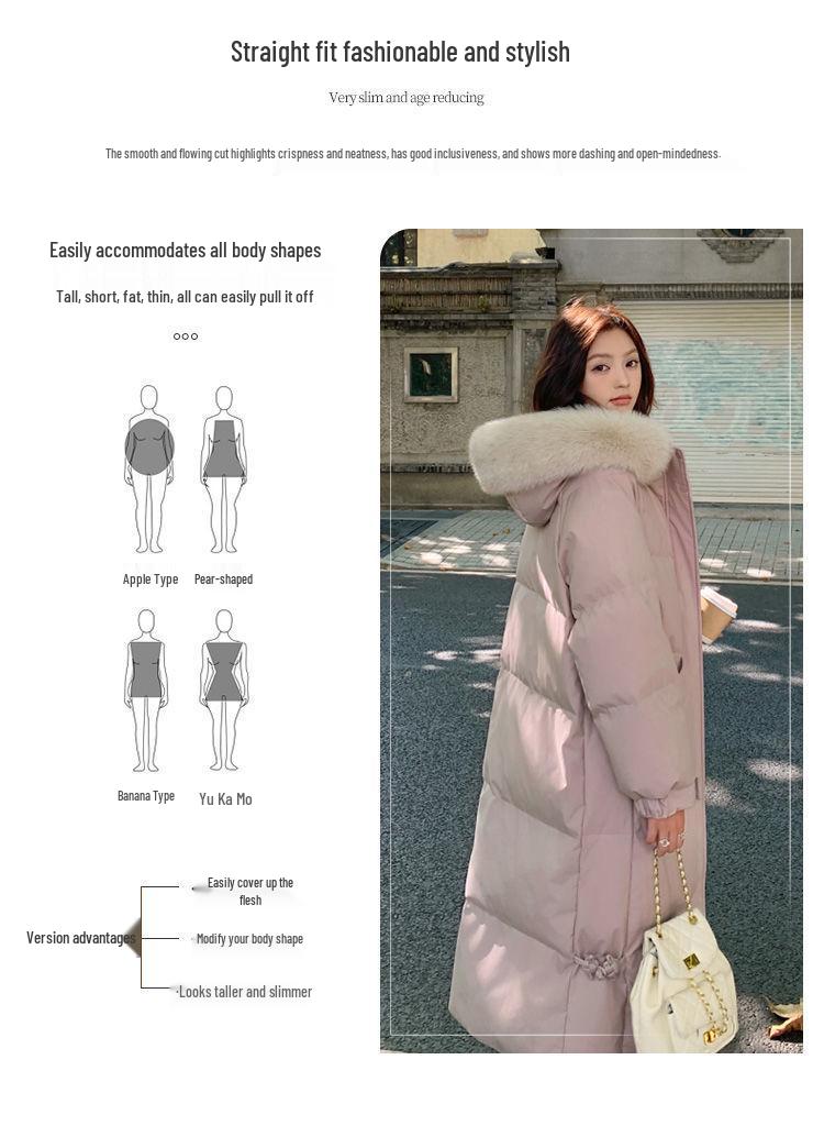 Women's Knee-Length Down Jacket with Large Fur Collar - Loose, Thick, Winter Coat 2026