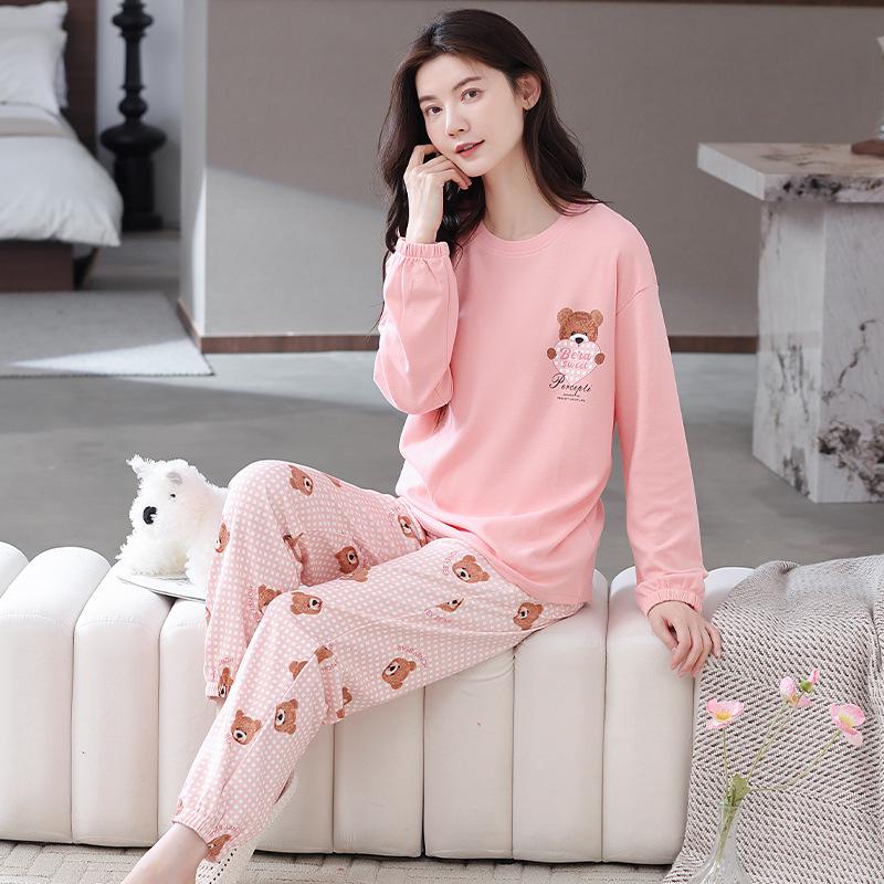 100% Cotton Women's Pajama Set – Breathable, Sweat-Absorbent, Long Sleeve Crew Neck for Indoor & Outdoor Wear (Autumn/Winter)