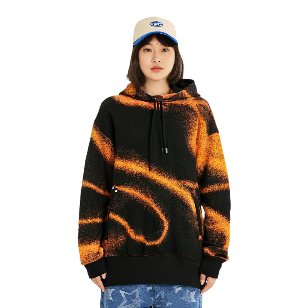 Li-Ning Tie-Dye Reflective Fleece Warm Loose Pullover Hoodie Unisex hoodies Black Rich-Orange AWDTD23-6