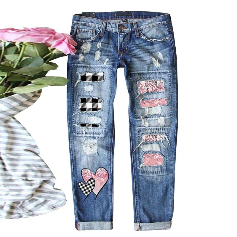 Straight Jeans Women's Personality Patch Printed Ripped Pants