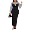 Women's Striped Patchwork Collared V Neck Long Sleeve Bodycon Maxi Dress Casual Dress