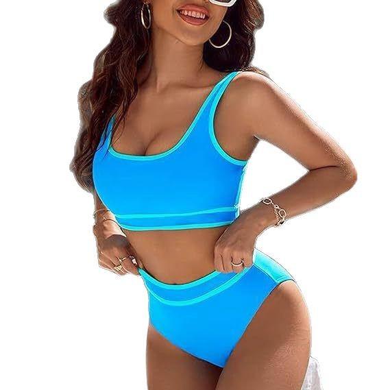 Bikini de Color Sólido de Cintura Alta para Mujer Traje de Dos Piezas Ropa de Playa Multicolor