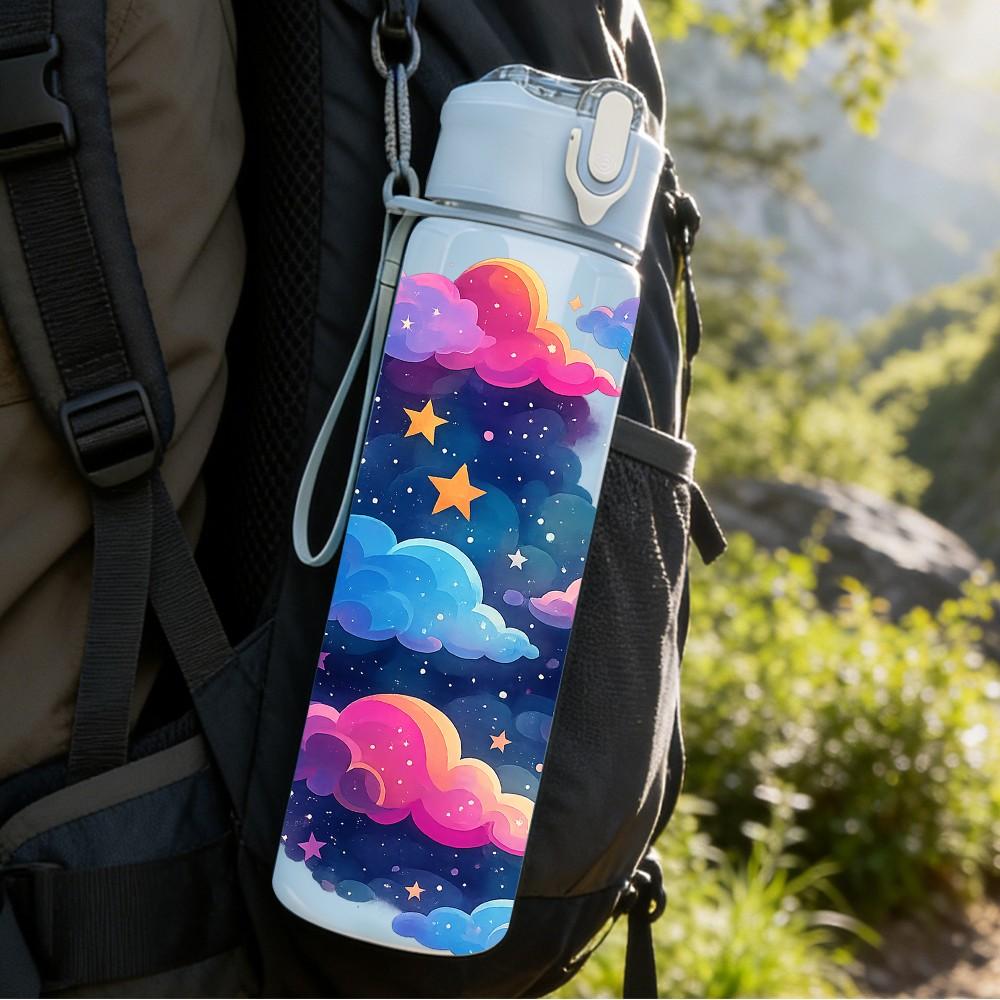 1PC Cloud Star Dream Galaxy Pattern 750ml Color Plastic Sports Water Bottle Leakproof Flip Straw Lid Suitable for Sports Office Home Use