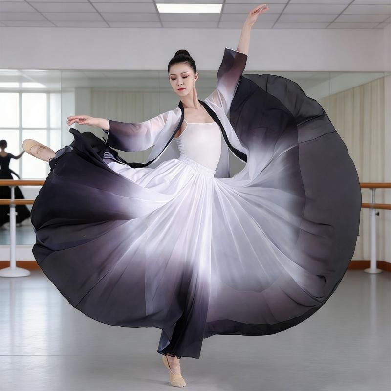 Women's Lyrical Dance Skirt Gradient Color Chiffon Long Swing Sheer Wrap Skirts for Modern Ballet Performances