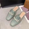 Women Slip On Mules Low Heel Backless Square Toe Half Slippers Pearl Chain Decoration Casual Outdoor Shoes