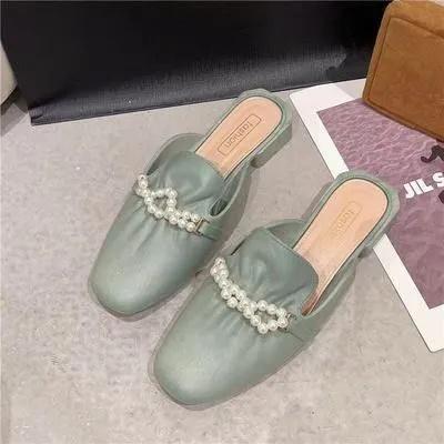 Women Slip On Mules Low Heel Backless Square Toe Half Slippers Pearl Chain Decoration Casual Outdoor Shoes