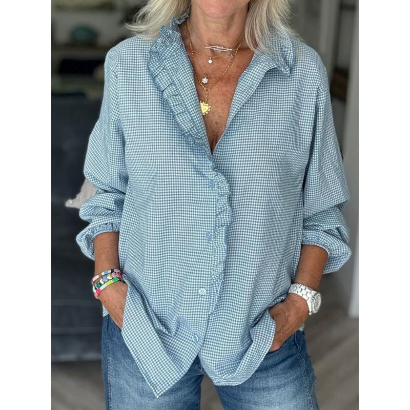 

Новые женские пуговицы Повседневные Топы Рубашки с длинным рукавом и лоскутным лацканом XXXL небесно-голубой