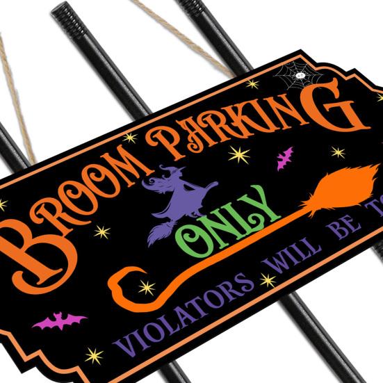 Halloween Broom Parking Sign with 3 Wooden Witch Brooms Solid Wood Hanging Decoration Halloween Decor Broom Parking Sign for Front Porch Wall