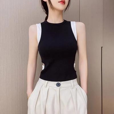 Damen Farbblock Tanktop - Enganliegend Ausgeschnitten Seite Ärmellos Crop Top