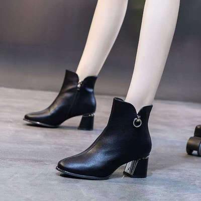 Einfarbige Leder Herbst Winter Damen Kurze Schuhe Elegant mit Mittelhohen Absätzen Stiefeletten Y2k Bequem Pu 39 Damen Stiefeletten
