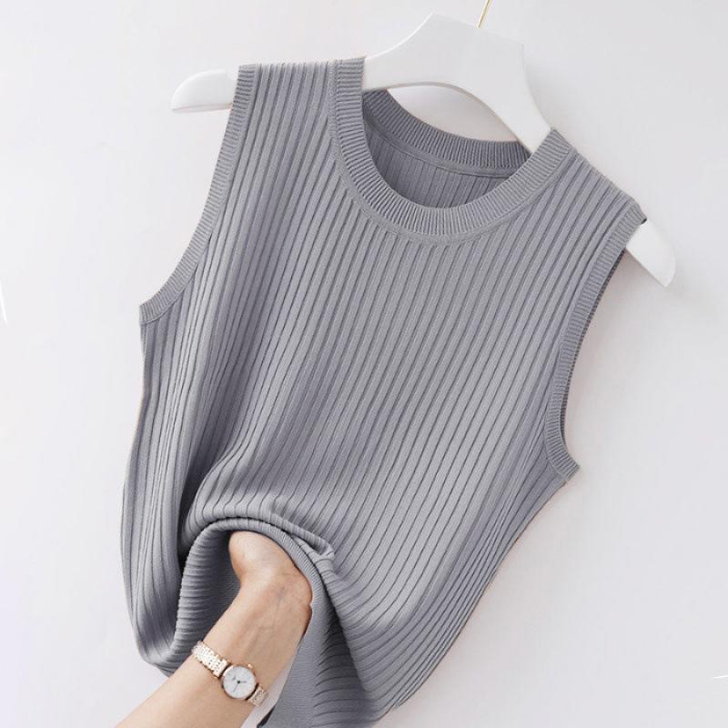 Gilet à bretelles femme printemps et été nouveau ajusté sans manches tricoté basique T-shirt à col rond élastique avec haut