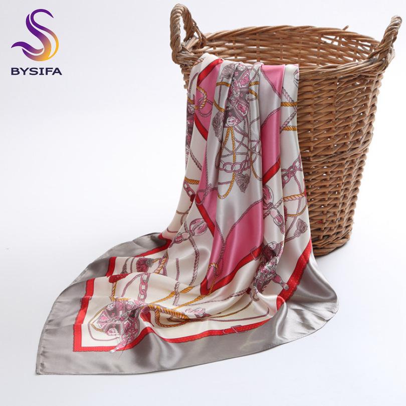 [BYSIFA] Muslim Women Head Neck Scarf Shawl  Trendy Chinese Silk Square Satin Scarf 90*90cm Pink Coffee Roses Scarves Wraps