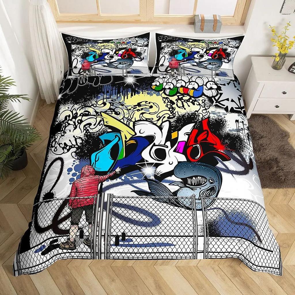 Rock Music Graffiti Duvet Set, Hip Hop Art Bedroom Supplies Quilt Set Three-Piece Set