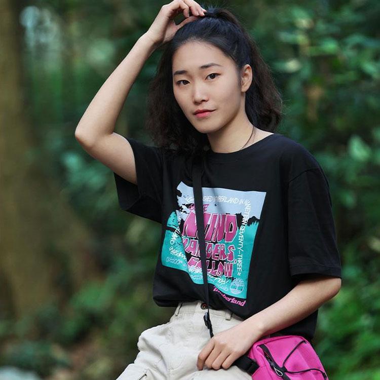 Timberland American Vintage Letter Print Crew Neck Outdoor Casual Comfortable Short Sleeve T-Shirt Unisex Tops Black A6RGN-001