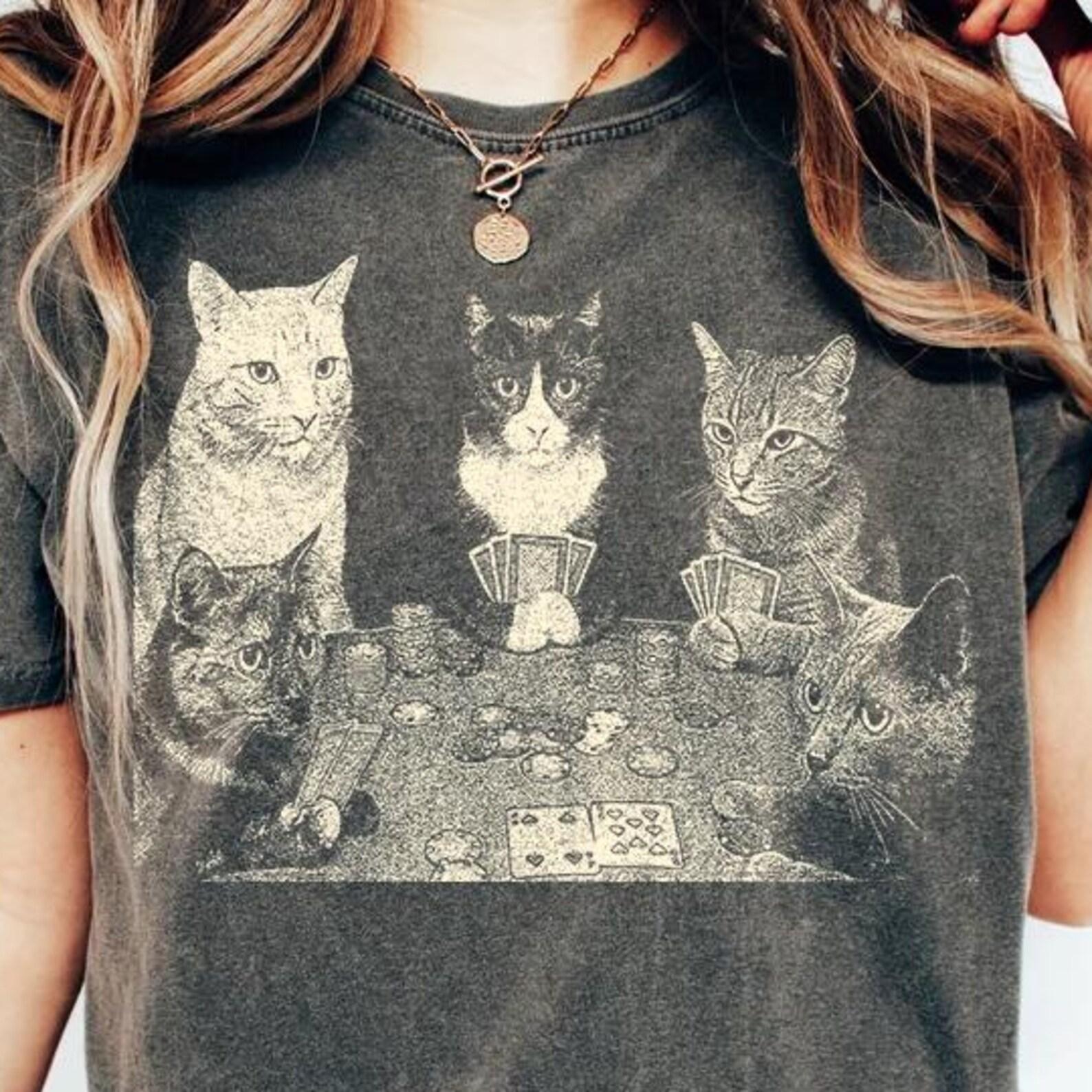 Retro Funny Cats Playing Poker Meme Vintage Shirt, Cat Lover Shirt, Gift For Boyfriend Menswear Top Streetwear Unisex T-Shirt 4XL