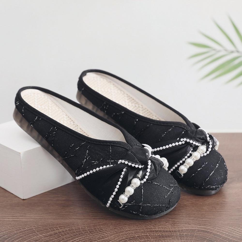 Women Slippers Summer Cloth Shoes Ethnic Style Linen Flat Slippers Women's Outside Baotou Half Dragged Women Sandals Bead Style