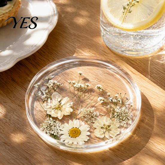 Decorative Acrylic Coasters Floral Print Coaster, Non-Slip Surface Heat Resistant Protection Cup Pad, Modern Kitchen Table Decor Transparent Round Mat