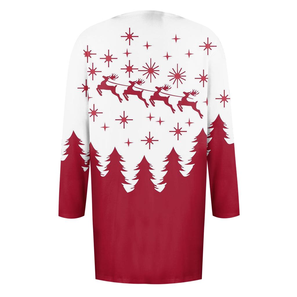 Damenmode, lässig, Weihnachtsdruck, mittellanger Cardigan-Jackenmantel