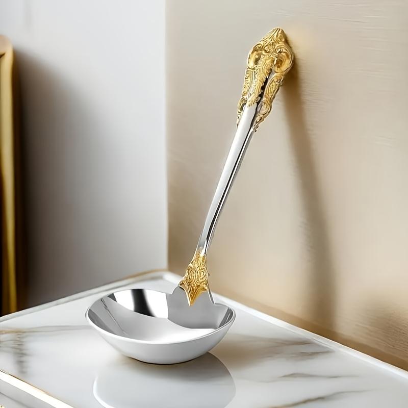 2pcs Stainless Steel Gold- Plated Spoon- Retro Palace Relief Western Food, Dessert Spoon, Suitable for Home Cooking, Soup Spoon