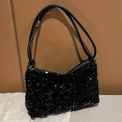 Bolsa de ombro feminina com lantejoulas, bolsa pequena quadrada casual da moda com alça de ombro, bolsa de noite multifuncional