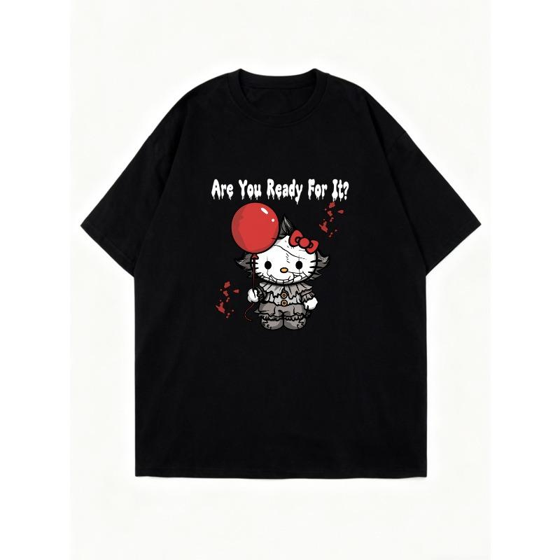 Oversized T Shirt Black Hello Kitty With Red Balloon And Are You Ready For It Text Graphic Print Casual Streetwear Fashion Top For Women