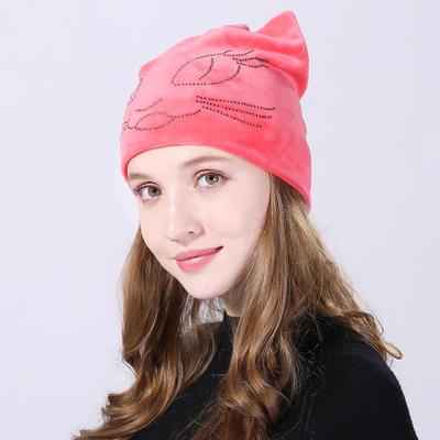 Cappelli invernali da donna con taglio a berretto con motivo a gatto in strass e berretto con orecchie in velluto per ragazza