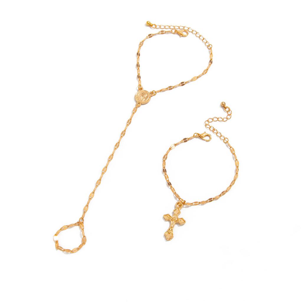 Fashion Metal Chain Cross Finger Bracelet, Personalized Coin Pendant, Back Chain Set For Women
