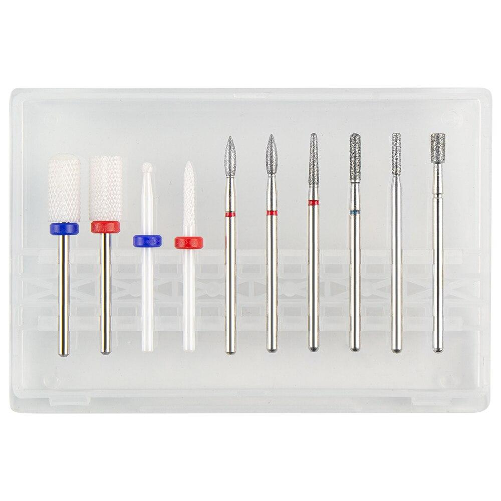 Sada 10ks fréz na manikúru Keramické vrtáky na nehty Čistič kartáč Diamantový mlýnek Příslušenství pro odstranění gelového laku