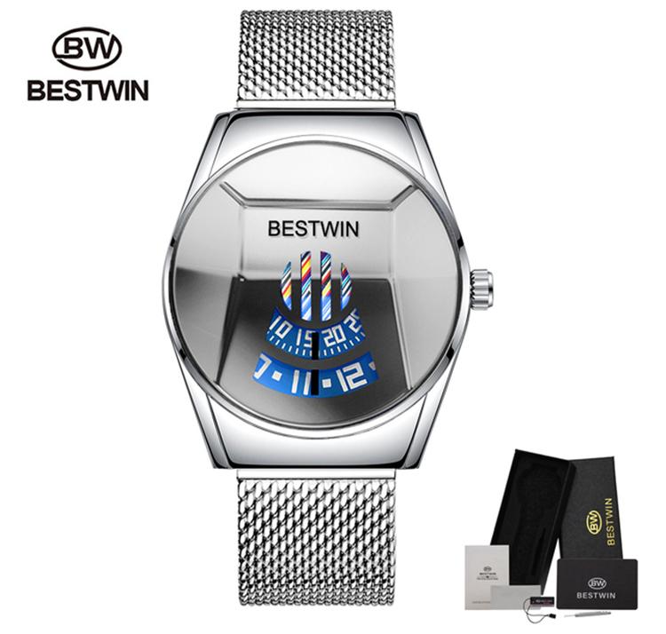 2021 Bestwin Sport Chronograph Wristwatch for Men Casual Gold Quartz Watch with Leather Band Cartoon Style
