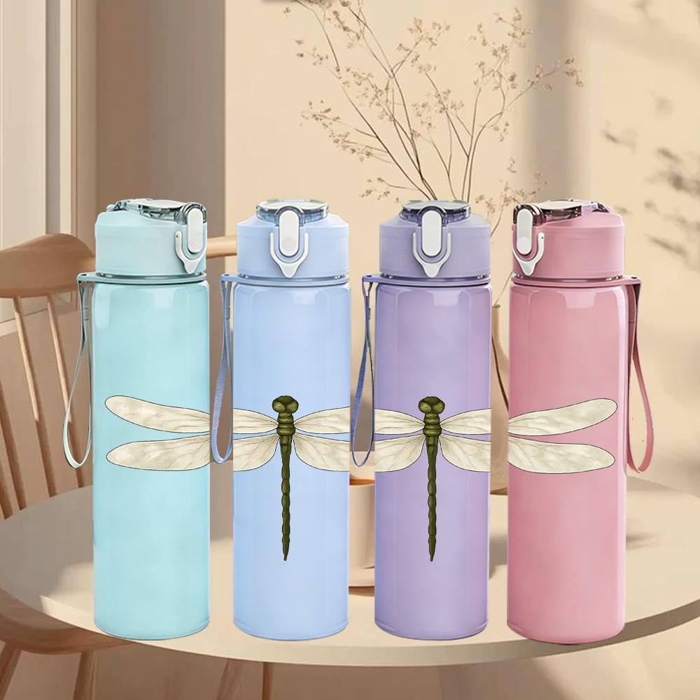 1PC Dragonfly Insect Pattern 750ml Color Plastic Sports Water Bottle Leakproof Flip Straw Lid Suitable for Sports Office Home Use