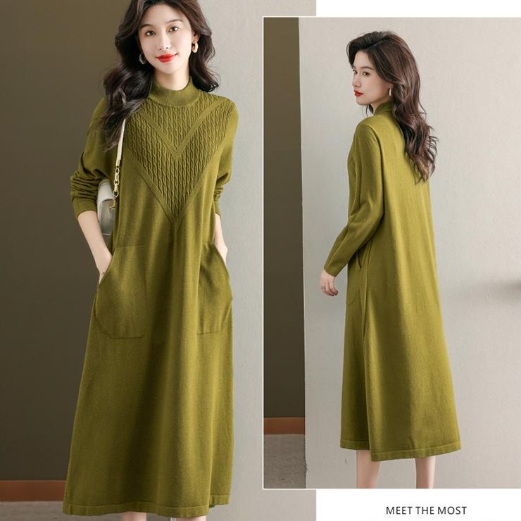 Jednobarevné pletené šaty pro ženy na podzim a zimu Svetrové šaty ke kolenům Volný svetr střední délky