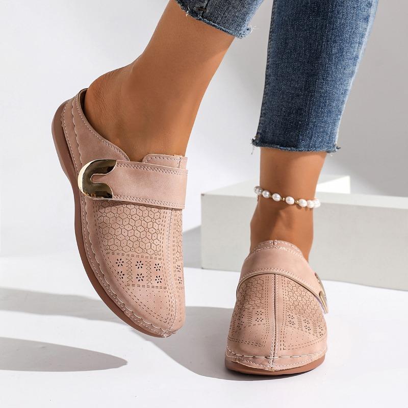 Women's Baotou Flat Casual Half Slippers New Solid Color Wedge Metal Buckle Beach Slippers