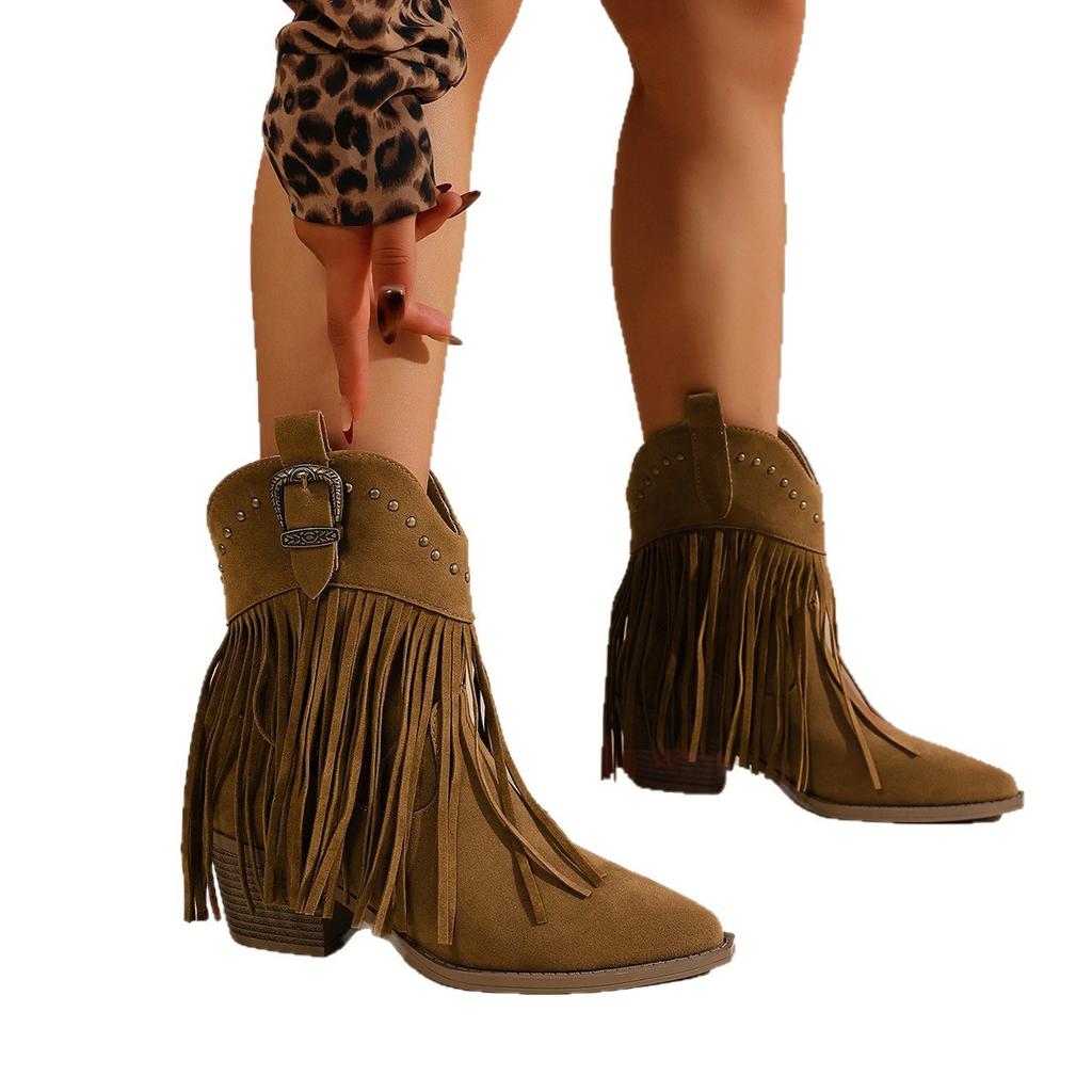 Women Ankle Boots Autumn Suede Chelsea Boots Pointed Toe Tassel High Heel Shoe Rivet Fashion Retro Cowboy Boots Botas Mujer