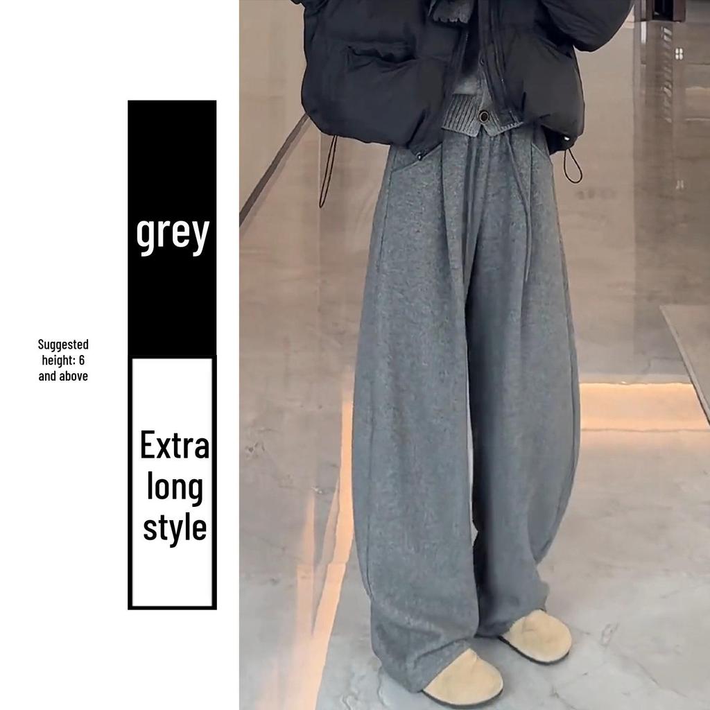 Women's Gray Cloud Scimitar Pants with Plus Velvet, Autumn/Winter 2025 - Woolen Wide-Leg, Drape, Relaxed Fit.