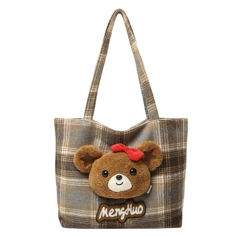 Bear Shoulder Bag Women's Bag Vintage Plaid Tote Bag
