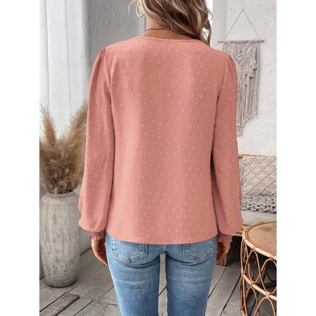 IHUASU Autumn Winter Fashion V-neck Lace Solid Color Long Sleeve Casual T Women's Top