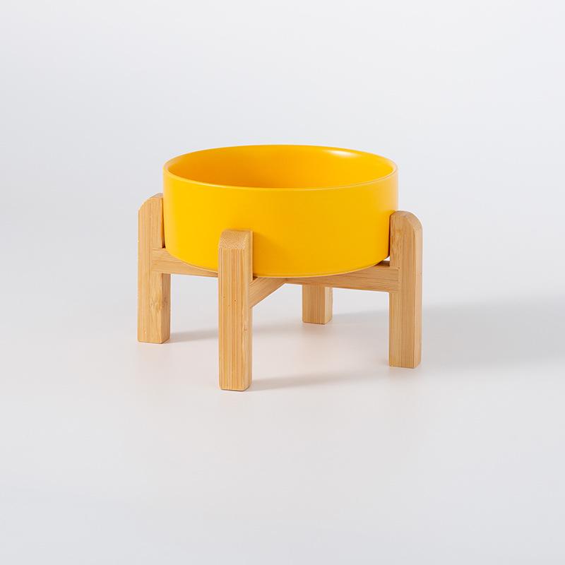 Ceramic Pet Food Bowl with Elevated Bamboo Stand - Anti-Tip Design for Dogs and Cats, Protects Cervical Spine