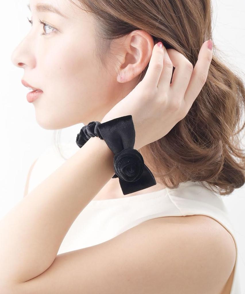 VINGTAINE Rose Scrunchie Hair Tie with Ribbon and Flower Design for Cute and Elegant Hair Velvet, Updos, Accessory, Gift, H7744-BK