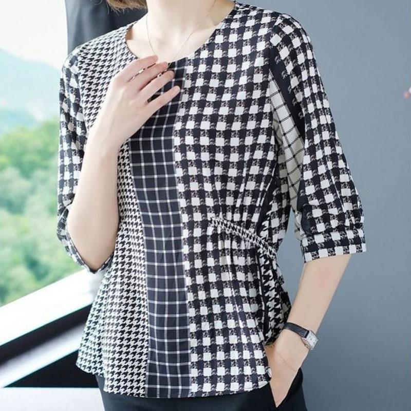 Büro Dame Stilvolles Karomuster Gespleißtes Chiffon-T-Shirt Damen 2023 Frühling Sommer Halbarm Lässig Raffung Locker O-Ausschnitt Pullover