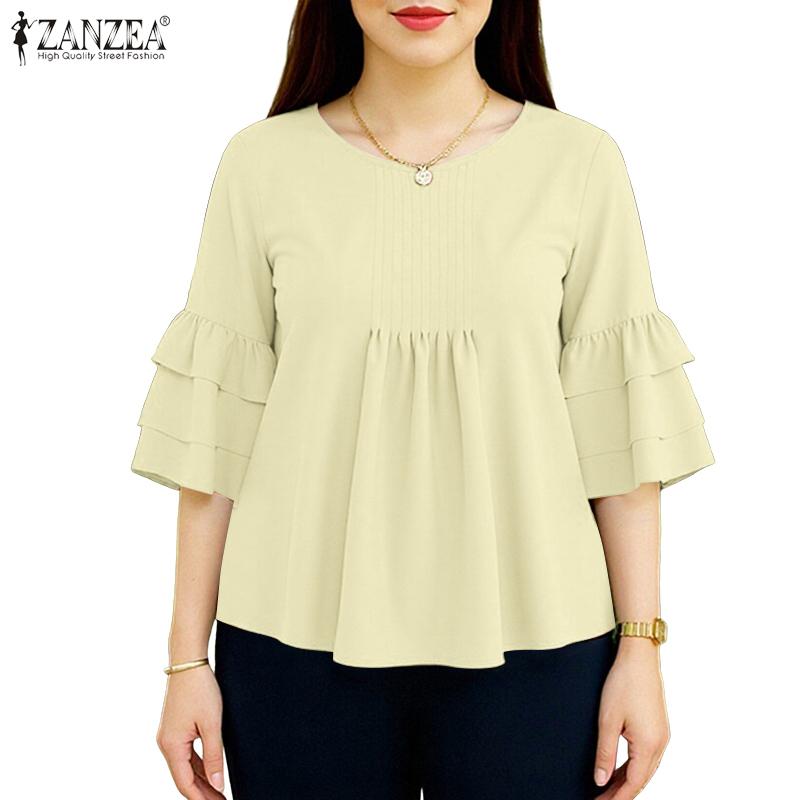 ZANZEA Women Casual Round Neck Solid Color 3/4 Sleeve Loose Blouse