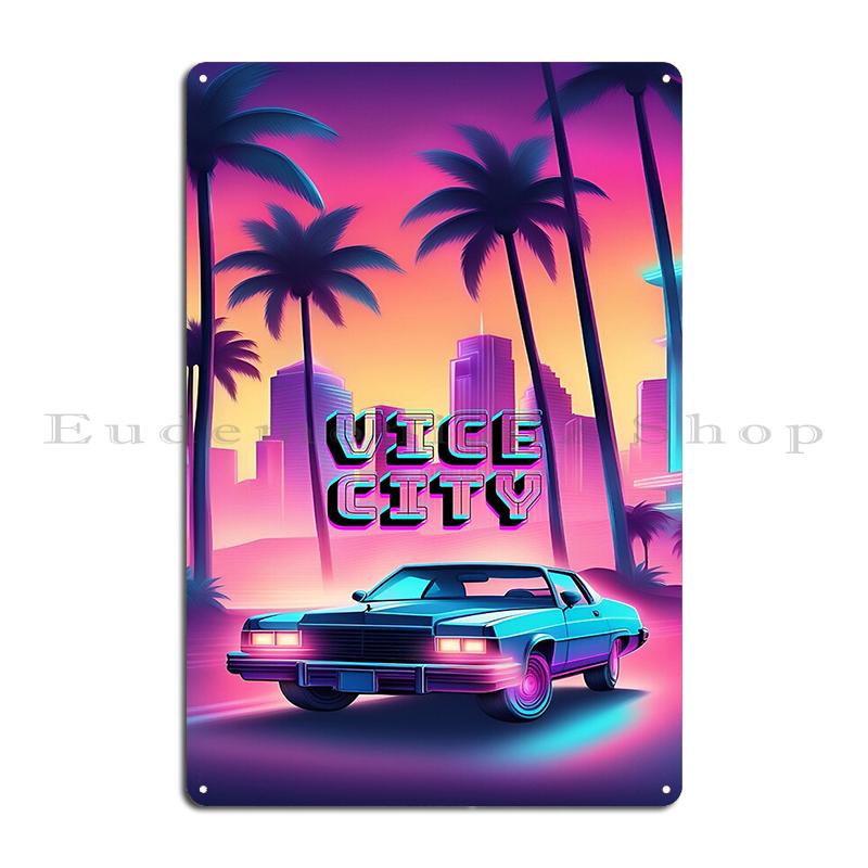 Nacht in Miami: Vaporwave-Vibes Oldtimer in Vice City Metalldekoration Clubparty Malerei Dekor Kino Blechschild Poster