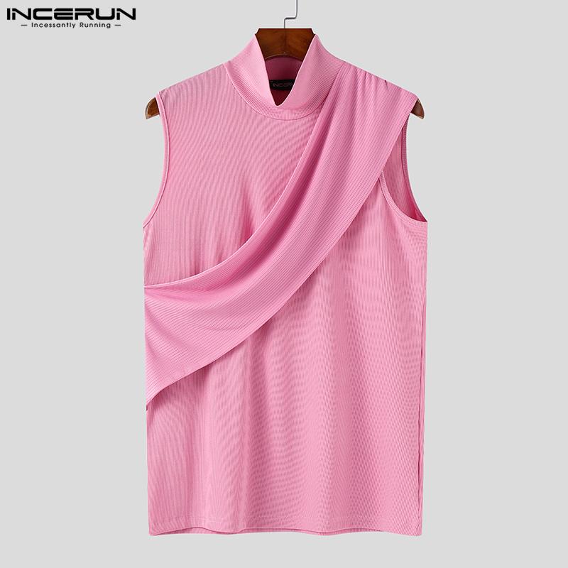 INCERUN Summer Men High Neck Sleeveless Front Cross Rib Skinny Tank Tops T-shirts