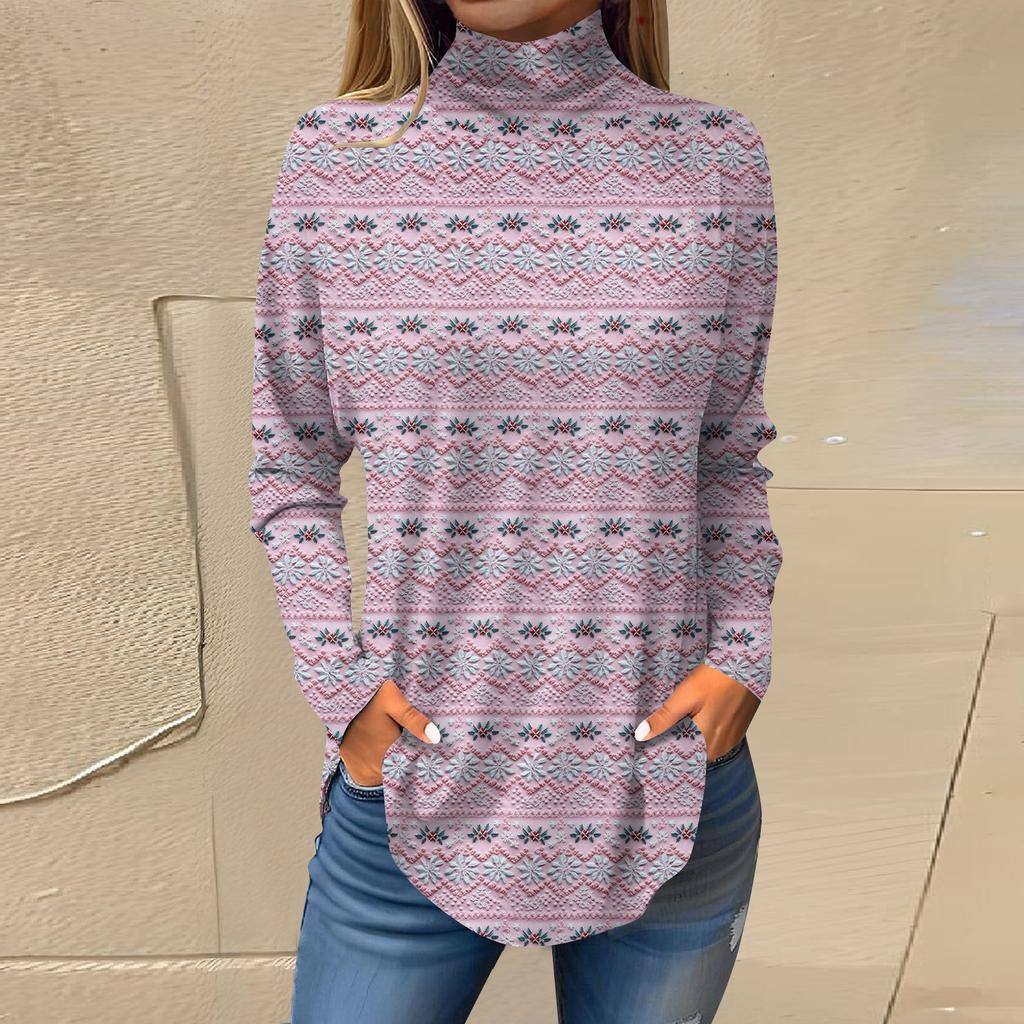 Damen Herbst Casual Langarmshirts Sweatshirt Vintage Bedrucktes High Neck Top Pullover